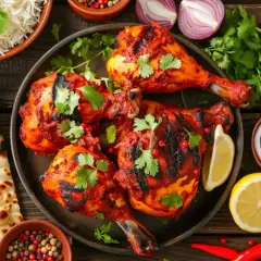 Poulet tandoori grillé, garni de coriandre fraîche, servi avec du riz basmati, du pain naan et des oignons rouges.