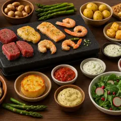 Une pierrade avec bœuf, saumon, crevettes, légumes grillés et sauces. Quel vin avec une pierrade ? Un blanc sec ou un rouge léger serait parfait.