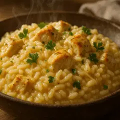 Un crémeux risotto poulet, parsemé de persil frais, dégage une vapeur appétissante dans un bol en bois.