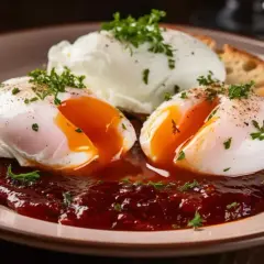 Œufs meurette sur lit de sauce rouge, garni de persil frais. Un délice pour le petit-déjeuner.
