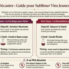 Illustration montrant comment carafer un vin jeune pour l'aérer et décante un vin vieux pour séparer le dépôt. Le vin trouble est versé dans une carafe.