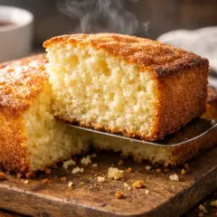 Un délicieux gâteau nature, encore chaud, est servi sur une planche en bois. La vapeur s'en dégage, invitant à la dégustation.