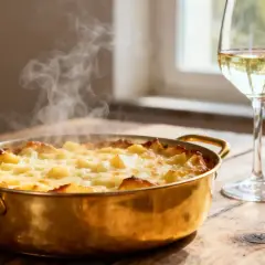 Croziflette fumante dans un plat en cuivre à côté d'un verre de vin blanc.