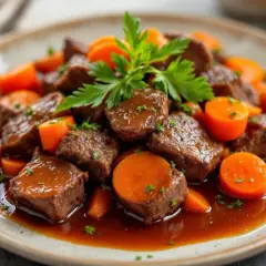 Un plat réconfortant de boeuf carottes mijoté, garni de persil frais. Les morceaux de viande tendres nagent dans une sauce riche, entourés de rondelles de carottes orangées.