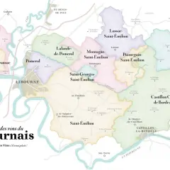 Carte des vins du Libournais, montrant les appellations de Bordeaux comme Saint-Émilion, Pomerol, Fronsac et Côtes de Bordeaux.