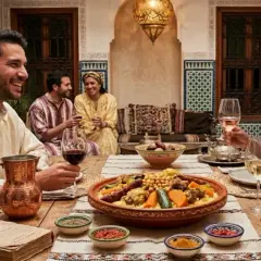 Un groupe d'amis partage un repas festif de couscous et de vin dans un patio marocain.