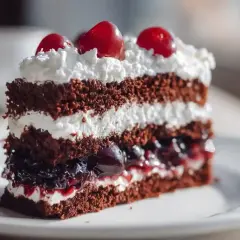 Tranche de forêt noire, un gâteau au chocolat moelleux garni de crème fouettée et de cerises juteuses.