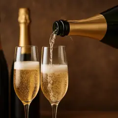 Une bouteille de champagne verse dans deux coupes. Derrière, d'autres bouteilles dorment. Combien de coupes dans une bouteille de champagne ? La fête commence !