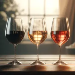 Trois verres de vin, rouge, blanc et rosé, sur une table en bois. La composition du vin rouge est mise en valeur par la lumière douce.