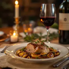 Un plat de parmentier de canard, un verre de vin rouge et des bougies créent une ambiance chaleureuse. Quel vin avec parmentier de canard ? Un Pinot Noir serait parfait.