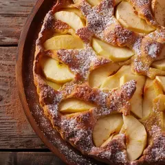 Un délicieux clafoutis aux pommes, saupoudré de sucre glace, repose sur un plateau en bois rustique.