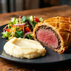 Un bœuf Wellington, parfaitement rôti, servi avec une purée onctueuse et une salade fraîche. Un délice à savourer.