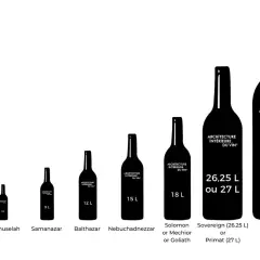Comparaison de la taille bouteille vin, des plus petites (Reboham 4.5L) aux plus grandes (Melchizedek 30L).