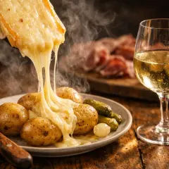Fromage à raclette fondant sur des pommes de terre, accompagné de cornichons et d'un verre de vin raclette blanc.