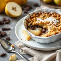 Un délicieux crumble poire chocolat, garni de sucre glace, avec des poires fraîches et des carrés de chocolat autour.