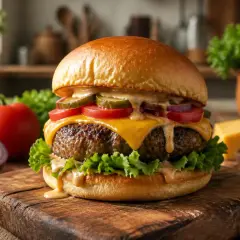 Un succulent hamburger maison avec steak, fromage fondant, tomates, oignons, cornichons et laitue, sur une planche en bois.