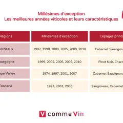 Tableau comparant les régions viticoles (Bordeaux, Bourgogne, Napa Valley, Toscane) avec leurs millésimes d'exception et cépages principaux.