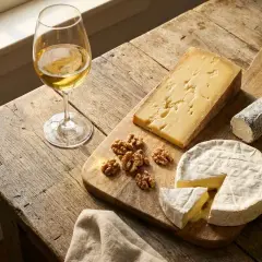 Un verre de vin blanc, des fromages variés, des noix et des raisins sur une planche en bois. Une belle invitation à découvrir quel vin avec le fromage.