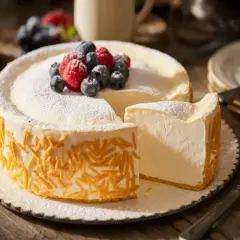 Un délicieux gâteau fromage blanc, saupoudré de sucre glace et garni de fruits rouges frais, est prêt à être dégusté.