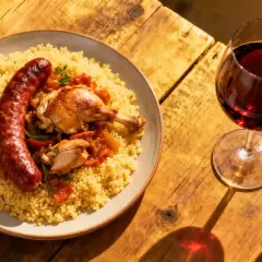Un verre de vin rouge accompagne un plat de couscous avec poulet et merguez, prêt à être dégusté.