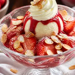 Un déliceux dessert fraise melba : glace vanille, fraises fraîches, coulis rouge, chantilly et amandes effilées.