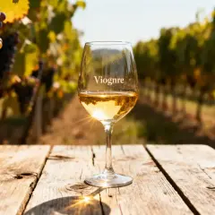 Verre de viognier blanc sec ou moelleux sur une table en bois, avec un vignoble en arrière-plan.