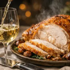 Un verre de vin blanc est versé à côté d'un chapon farci rôti, fumant et garni de marrons. Un repas festif.