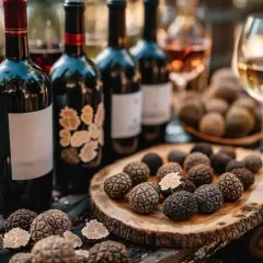 Bouteilles de vin et truffes noires sur une table en bois. Une question se pose : quel vin avec truffe pour sublimer ce mets d'exception ?