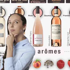 Une femme réfléchit devant des bouteilles de vin rosé, dont un vin rosé PACA. Des arômes de fruits et d'épices sont représentés.