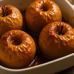 Quatre pommes au four dorées et caramélisées dans un plat blanc, dégageant un arôme réconfortant.