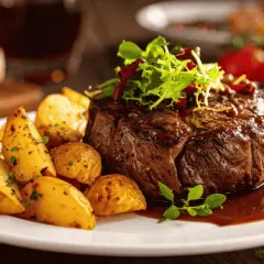 Un succulent filet mignon, cuit à la perfection dans le air fryer, servi avec des pommes de terre rôties et une sauce riche.
