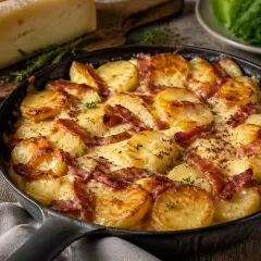 Plat de truffade gratiné aux lardons, servi dans une poêle en fonte, avec un morceau de fromage à côté. Un délice à déguster avec un bon vin.