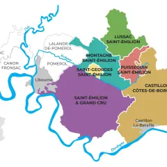 Carte des appellations de la région Saint-Émilion, montrant les différentes communes viticoles comme Montagne, Lussac et Saint-Georges.