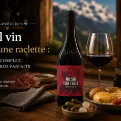 Quel vin rouge avec une raclette fromage charcuterie ? Un guide pour des accords parfaits. Une bouteille de vin rouge Jura, un verre, du fromage à raclette fondant, pommes de terre et charcuterie.