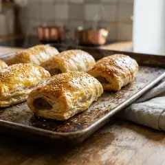 Six feuilletés saucisse dorés et parsemés de graines de sésame sur une plaque de cuisson.