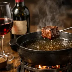 Un morceau de bœuf est plongé dans l'huile bouillante pour une fondue bourguignonne, accompagné d'un verre de vin rouge et de sauces.
