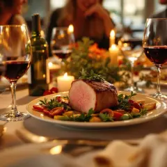 Un dîner romantique avec un rôti de côte de veau, accompagné de vin rouge et de bougies.