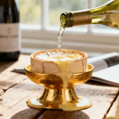 Un vin blanc Mont d'Or coule sur un fromage fondant dans un plat doré. Des raisins verts et une bouteille de vin complètent la scène.