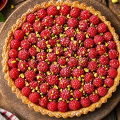 Une délicieuse tarte framboise, généreusement garnie de fruits rouges frais et parsemée de pistaches concassées, sur un fond de bois rustique.