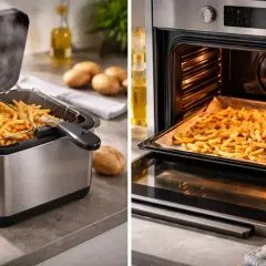 Frites dorées dans une friteuse fumante et sur une plaque de cuisson au four. La cuisson des frites, une étape clé pour un repas savoureux.
