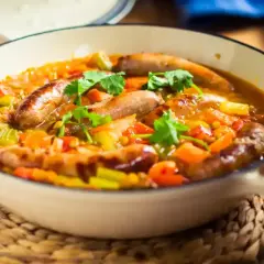 Un plat réconfortant de saucisses et lentilles mijotées avec des légumes, garni de coriandre fraîche. Un délice pour les papilles.