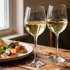 Deux verres de vin blanc pétillant, accompagnés de délicieux toasts aux fruits de mer et d'une tranche de citron vert.