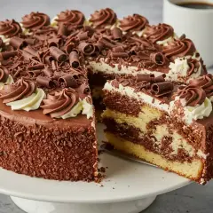 Un délicieux gâteau marbré au chocolat, décoré de crème et de copeaux de chocolat, avec une part coupée.