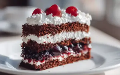 Tranche de forêt noire, un gâteau au chocolat moelleux garni de crème fouettée et de cerises juteuses.