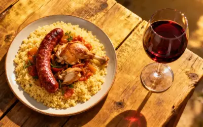 Un verre de vin rouge accompagne un plat de couscous avec poulet et merguez, prêt à être dégusté.