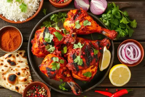 Poulet tandoori grillé, garni de coriandre fraîche, servi avec du riz basmati, du pain naan et des oignons rouges.