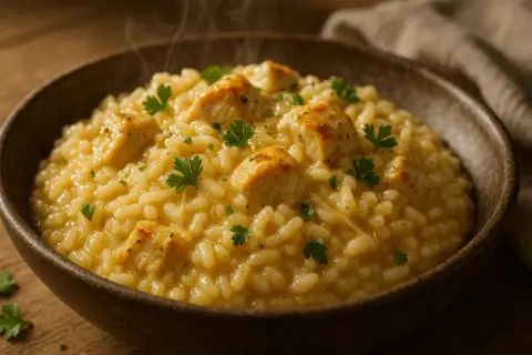 Un crémeux risotto poulet, parsemé de persil frais, dégage une vapeur appétissante dans un bol en bois.