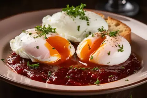 Œufs meurette sur lit de sauce rouge, garni de persil frais. Un délice pour le petit-déjeuner.