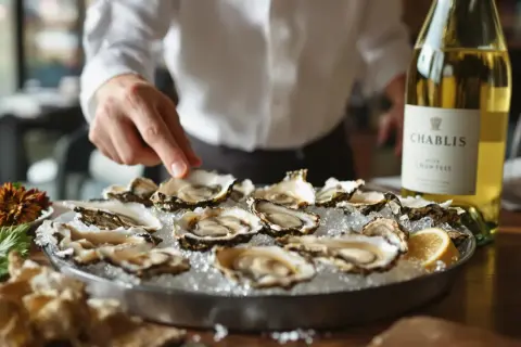 Un serveur présente des huîtres fraîches sur glace, accompagnées d'une bouteille de Chablis. Le choix parfait : quel vin blanc avec les huîtres ?