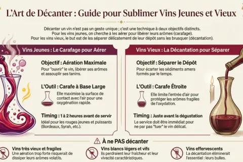 Illustration montrant comment carafer un vin jeune pour l'aérer et décante un vin vieux pour séparer le dépôt. Le vin trouble est versé dans une carafe.